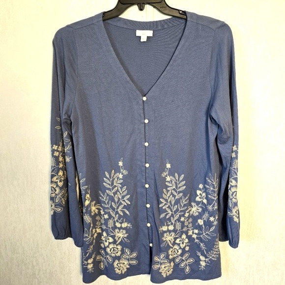 J Jill Womens M Blue Tunic Floral Expressions V-Neck Embroidered Button-Up Roomy - Picture 1 of 7